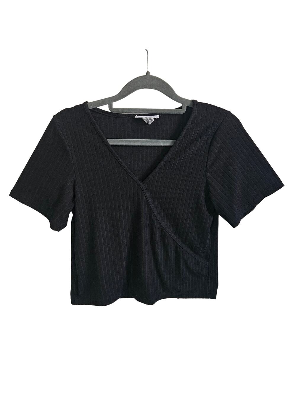 Capella Women's L Short Sleeve Wrap Front Top Solid Black V-Neck Minimalist